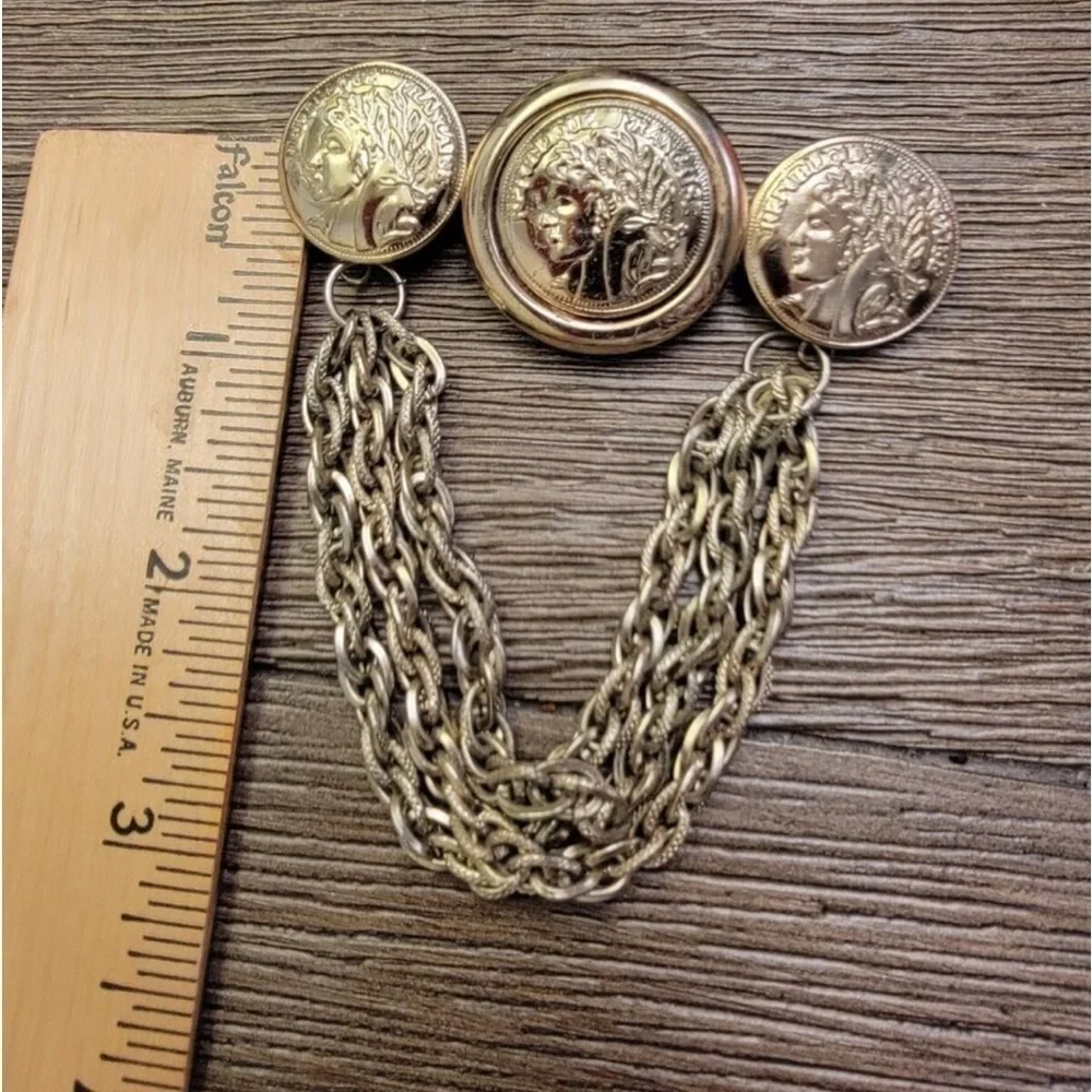 Vintage Brooch Republique Francaise Coins Dangle Chains Goldtone 3